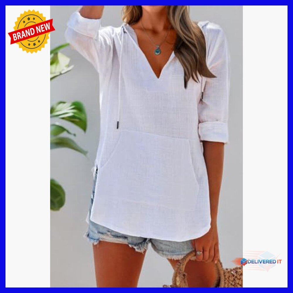 Long Sleeve V-Neck Hooded Cover Up with Pocket, Cotton Beach Top - Picture 6 of 7